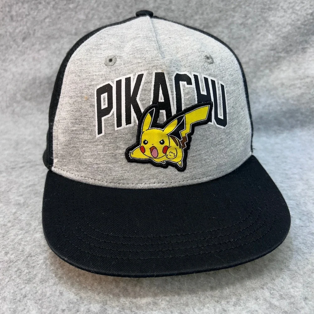 Pikachu Youth Gray Black Pokemon Baseball Hat Snapback Flat Brim Youth OSFM
